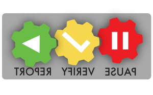 The '暂停 验证 报告' logo, consisting of a red gear with a pause sign, a yellow gear with a checkmark, 和 a green gear with a play sign, 和 words 'PAUSE VERIFY REPORT' underneath